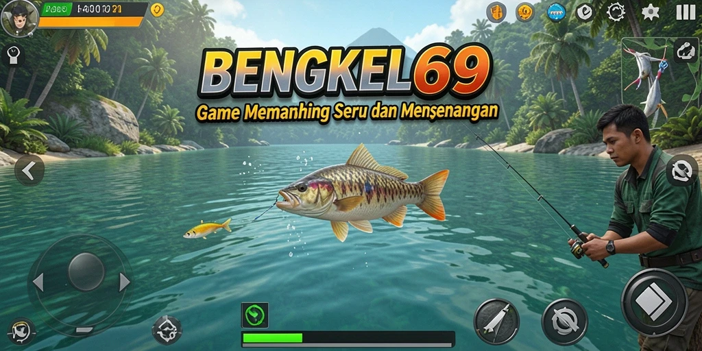 Tampilan gameplay BENGKEL69 yang menarik saat memancing ikan.