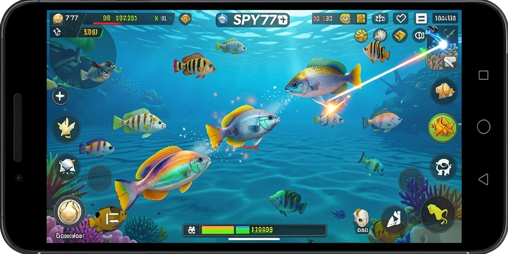 Screenshot gameplay SPY77 yang menampilkan aksi menembak ikan.